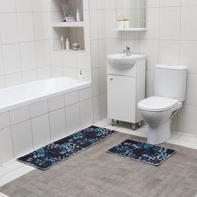Набор ковриков для ванной и туалета Доляна «Лепестки», 2 шт: 40×60, 45×120 см, цвет синий