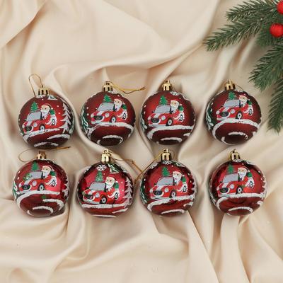 Набор шаров пластик d-6 см, 8 шт "Дед Мороз на автомобиле" бордовый