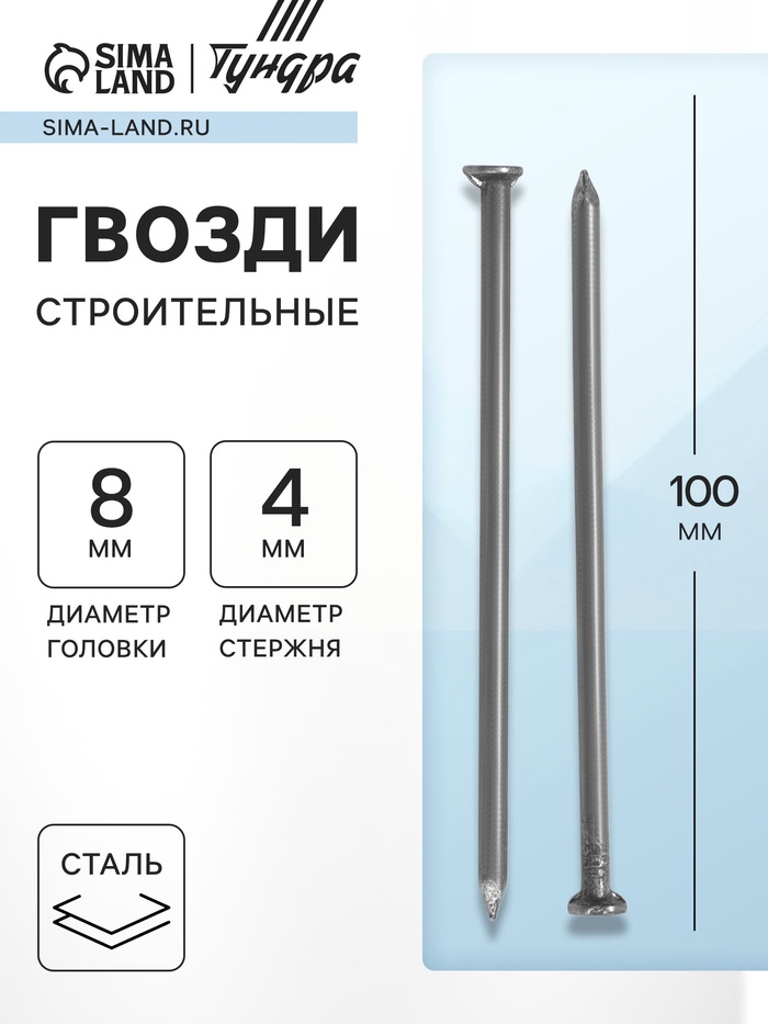 Гвозди ТУНДРА, строительные, ГОСТ 4028-63, без покрытия, 4×100 мм, фасовка 0.2 кг - Фото 1