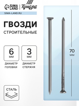 Гвозди ТУНДРА, строительные, ГОСТ 4028-63, без покрытия, 3?70 мм, фасовка 0.2 кг (комплект 3 шт)