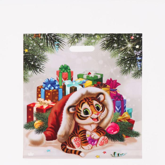 Пакет "Тигр с подарками", полиэтиленовый с вырубной ручкой, 45 х 38 см, 60 мкм - Фото 1