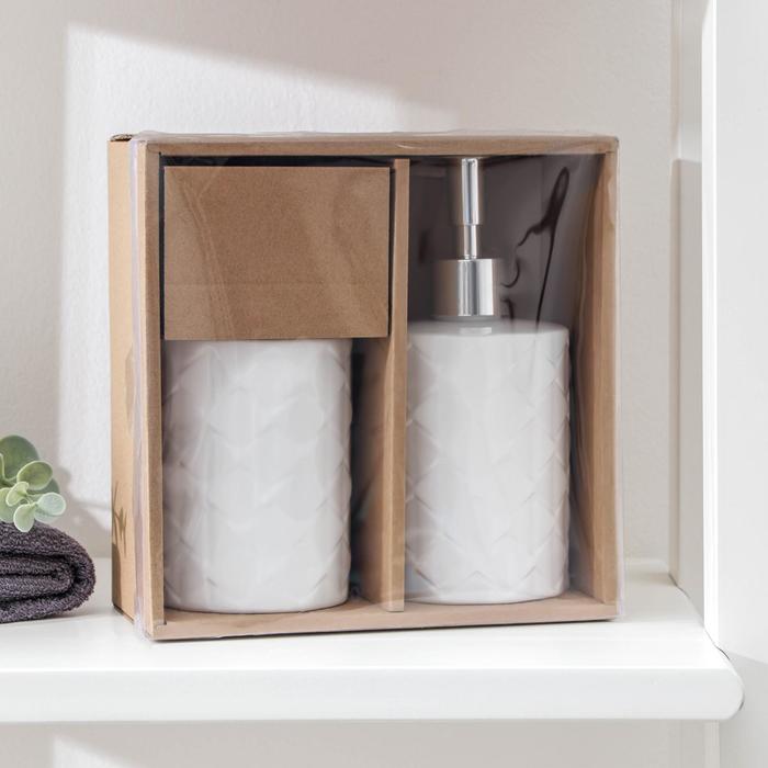 Набор аксессуаров для ванной комнаты «Ромбы», 2 предмета (дозатор для мыла, стакан), цвет белый - фото 1905828010