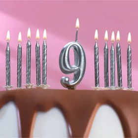 Набор свечей для торта (2 в 1) серебряная Цифра "9" + Свечи "С Днём Рождения" серебро 10шт, 7 см 715