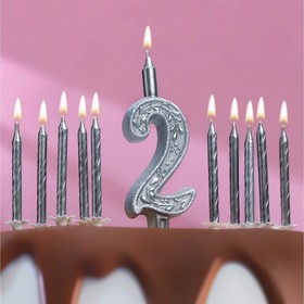 Набор свечей для торта (2 в 1) серебряный узор Цифра "2" + Свечи "С Днём Рождения" 10 шт, 12,5 см 71