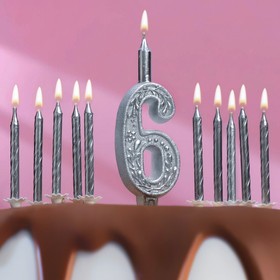 Набор свечей для торта (2 в 1) серебряный узор Цифра "6" + Свечи "С Днём Рождения" 10 шт, 12,5 см 71
