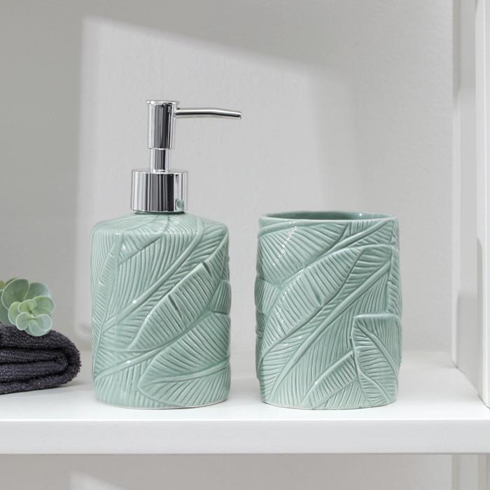 Набор аксессуаров для ванной комнаты «Листва», 2 предмета (дозатор для мыла, стакан), цвет зелёный - Фото 1