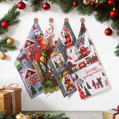 Набор новогодних кухонных полотенец Доляна «Волшебство» 35×60 см-4 штуки, 100% хлопок