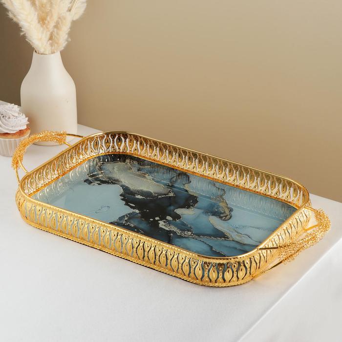 Подставка для десертов «Голубой мрамор», 56×29,5×6,7 см, цвет металла золотой - фото 1905828792