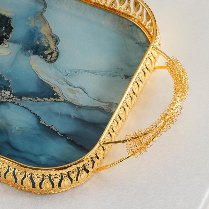 Подставка для десертов «Голубой мрамор», 56×29,5×6,7 см, цвет металла золотой - фото 1905828793