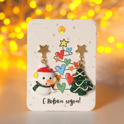 Серьги «Новогодние» игрушки, снеговик и ёлка, цвет бело-зелёный