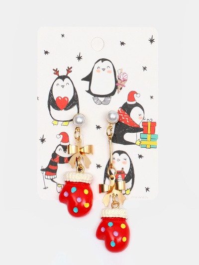 Серьги висячие «Новогодние», варежки, красно-белые в золоте