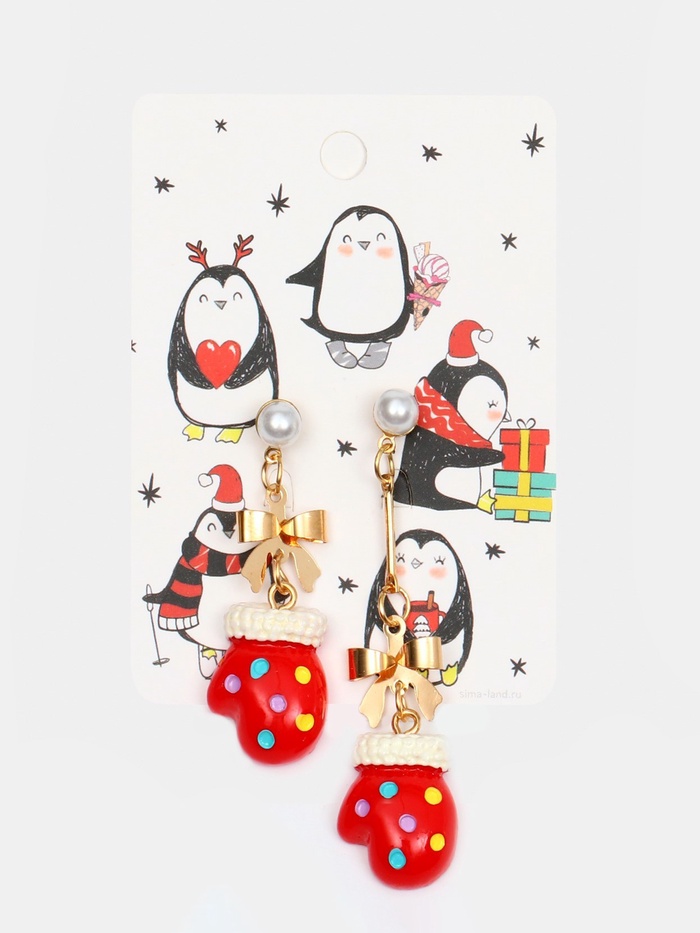 Серьги висячие «Новогодние», варежки, красно-белые в золоте - Фото 1