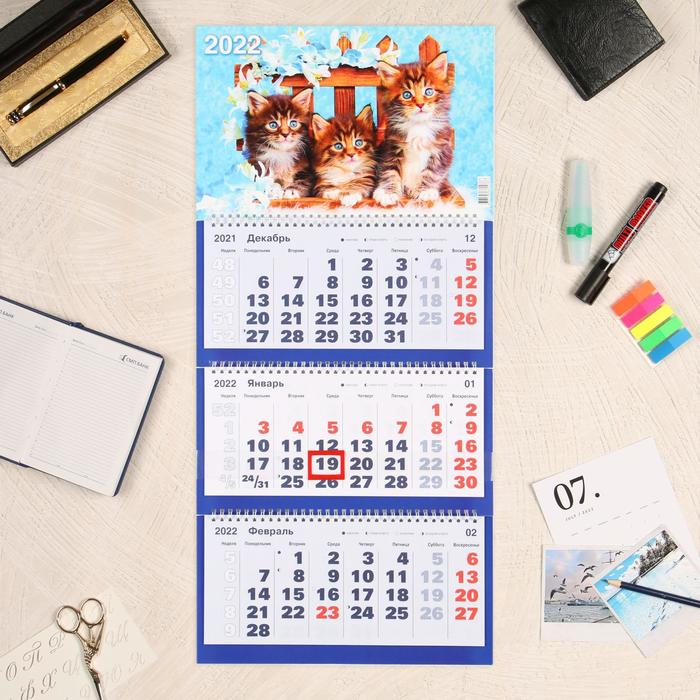 Календарь квартальный трио "Коты, 2022 - 1" 31 х 69 см - Фото 1