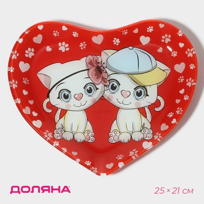 Блюдо сервировочное Доляна «Сердце. Котики», 25×21×2.3 см, стекло, красное