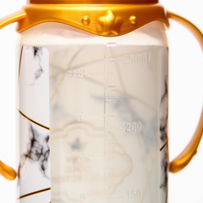 Бутылочка для кормления «Золотая коллекция: белый мрамор», классическое горло, 250 мл., от 3 мес., цилиндр, с ручками - фото 1899958245
