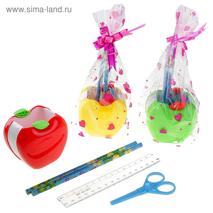 Набор настольный, детский, «Яблоко», 5 предметов: 2 карандаша, линейка, ножницы, подставка, МИКС - Фото 1