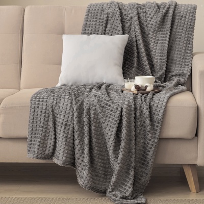 Плед «Этель. Клетка», 200×220 см, корал-флис, серый