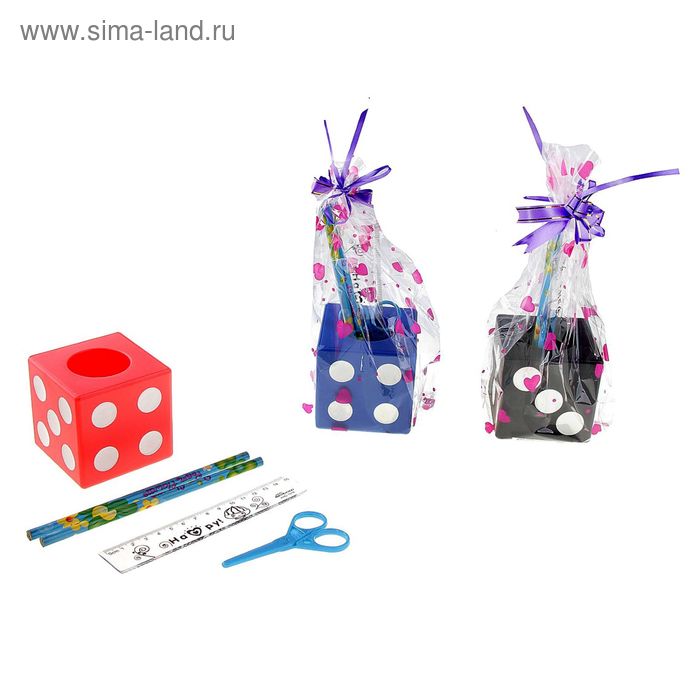 Набор настольный детский "Игральный кубик" 5 предметов: 2 карандаша, линейка, ножницы, подставка МИКС - Фото 1