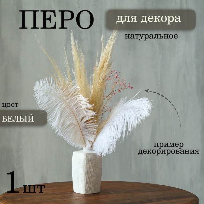 Перо для декора, размер: 25-30 см, цвет белый - Фото 1