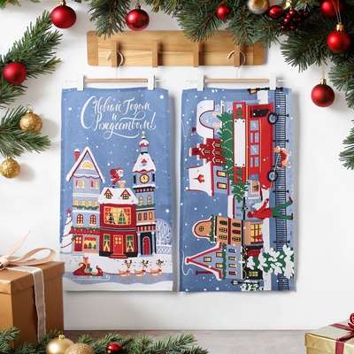 Набор новогодних кухонных полотенец «Доляна» Праздник в городе 35×60 см-2 штуки, 100% хлопок