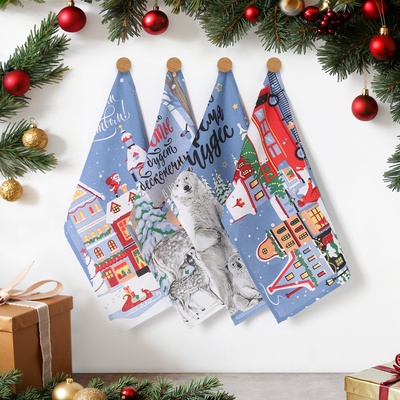 Набор новогодних кухонных полотенец «Доляна» Время чудес 35×60 см-4 штуки, 100% хлопок