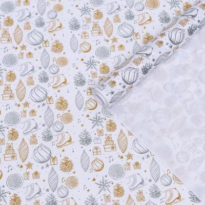 Бумага крафт упаковочная "Еловые игрушки и коньки" 70г/м2 0,55 x 10м