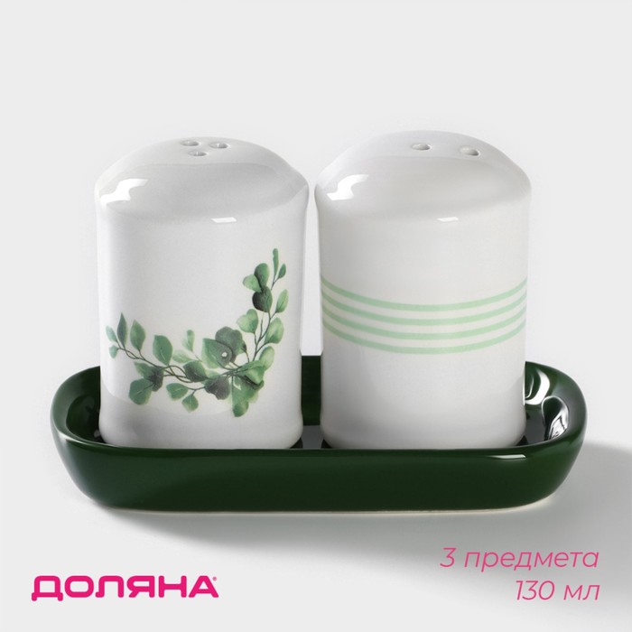 Набор для специй Доляна «Эвкалипт», солонка, перечница 130 мл, доломит, белый, зелёный - Фото 1