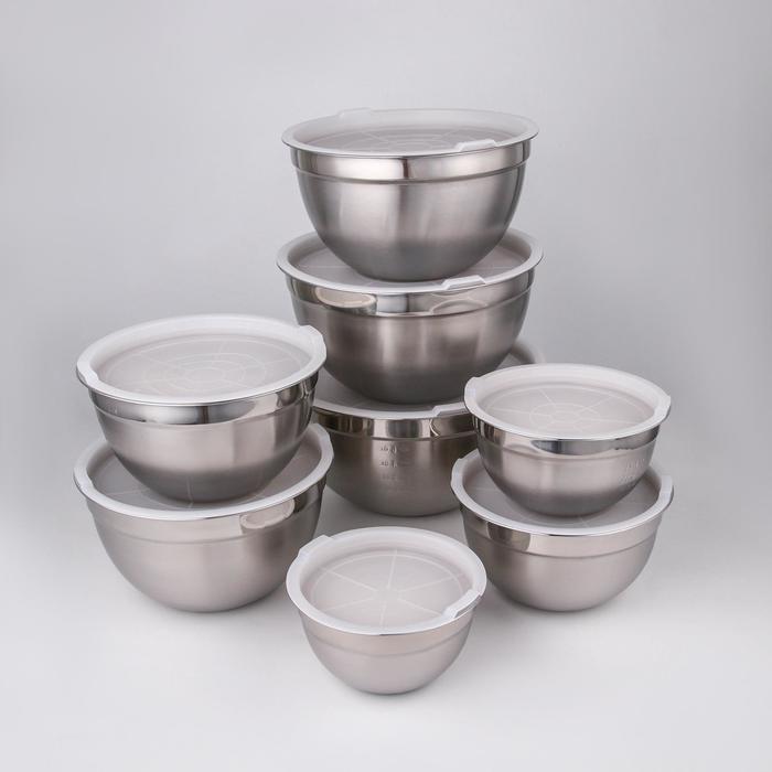 Набор мисок, 8 шт.: d=18 см,20 см,22 см,24 см,26 см,28 см,30 см,32 см, с крышками, нержавеющая сталь - Фото 1