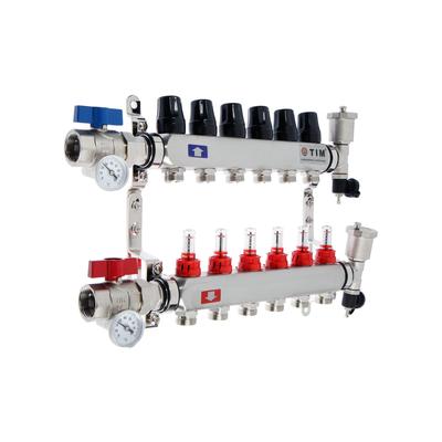Коллекторная группа TIM KAS5006, 1" × 3/4", 6 выходов, с расходомерами, нержавеющая сталь