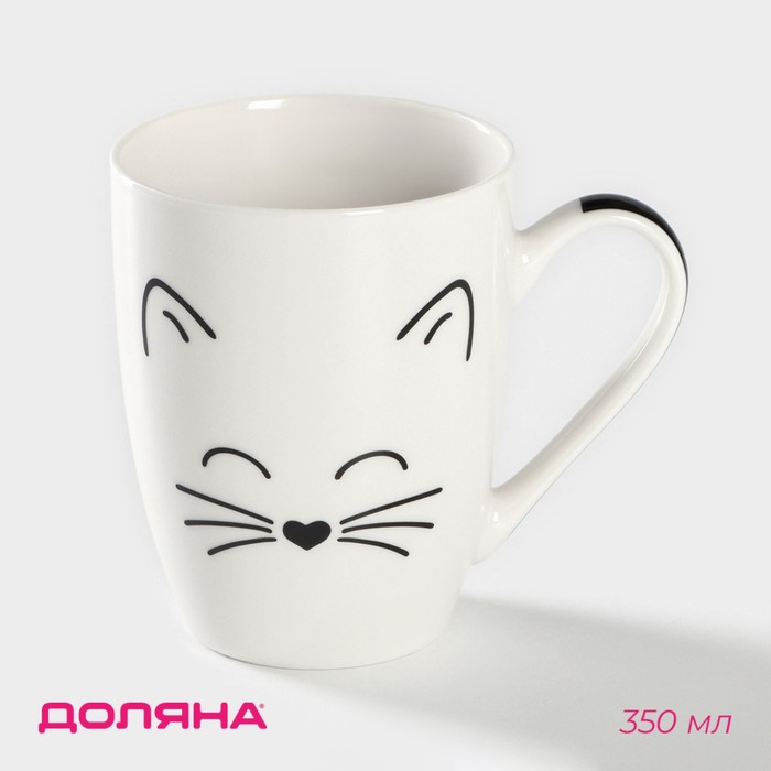 Кружка Доляна «Белый кот», 350 мл, фарфор, белая - Фото 1