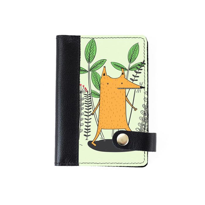 Обложка на автодокументы на кнопке комбинированная Лис и листья черная белая вставка 1546₽