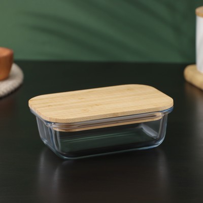 Контейнер для еды BellaTenero «Эко», 370 мл, с бамбуковой крышкой, жаропрочное стекло, прозрачный