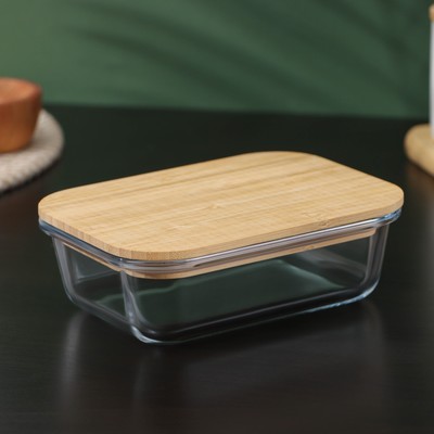 Контейнер для еды из BellaTenero «Эко», 640 мл, с бамбуковой крышкой, жаропрочное стекло, прозрачный