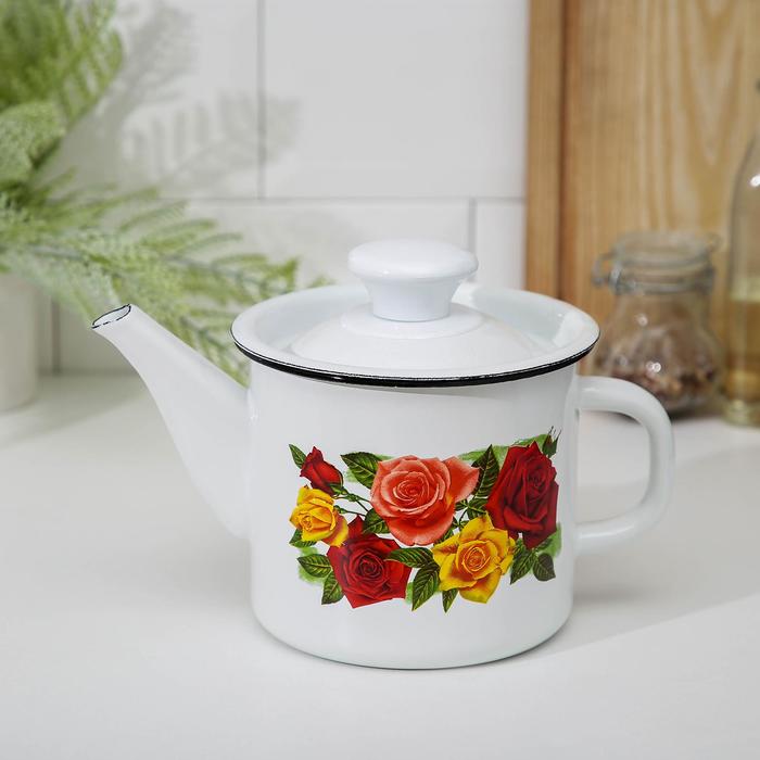 Чайник, 1 л, эмалированная сталь, деколь МИКС, белый - Фото 1