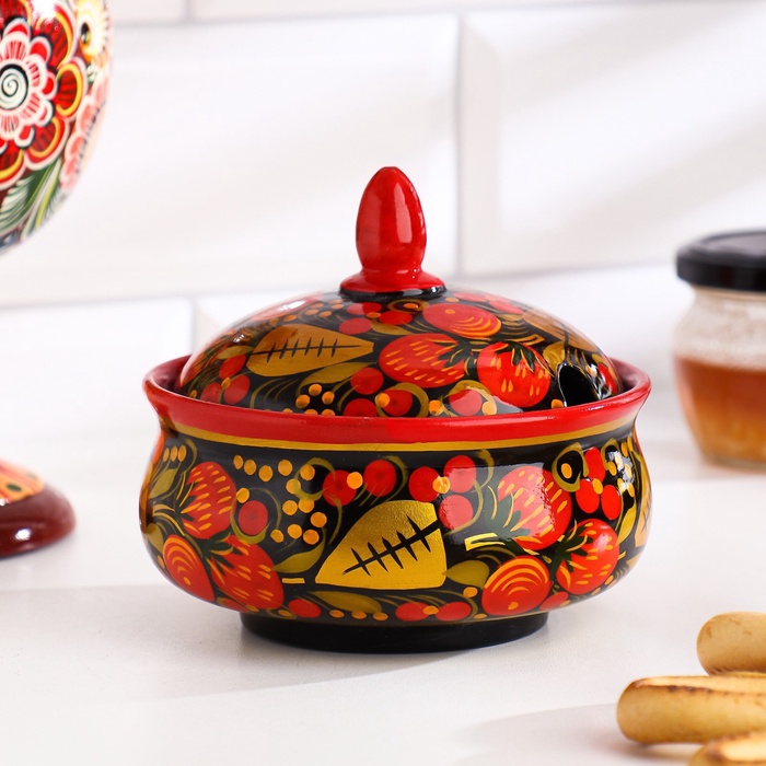 Сахарница с крышкой «Праздник», 11×11 см, дерево, хохлома