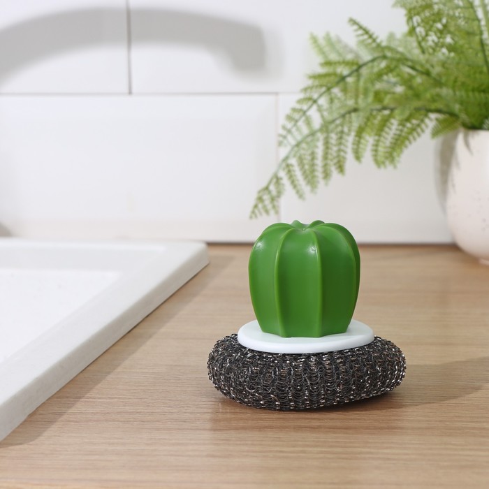 Щётка для мытья посуды Доляна «Кактус», металлическая губка, d=8 см - Фото 1