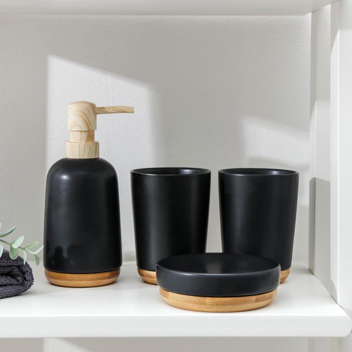 Набор аксессуаров для ванной комнаты «Эко», 4 предмета (мыльница, дозатор для мыла, 2 стакана), цвет чёрный - фото 1905832040