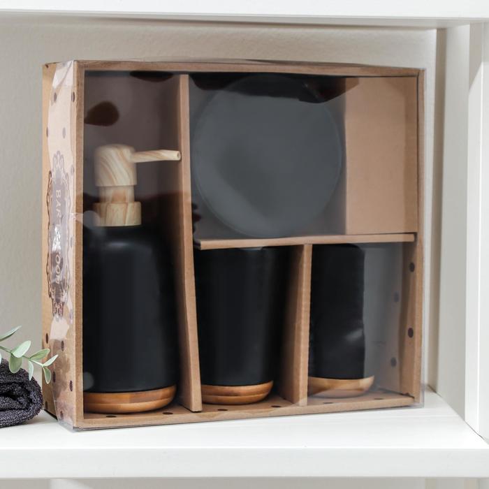 Набор аксессуаров для ванной комнаты «Эко», 4 предмета (мыльница, дозатор для мыла, 2 стакана), цвет чёрный - фото 1905832043