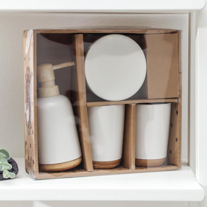 Набор аксессуаров для ванной комнаты «Эко», 4 предмета (мыльница, дозатор для мыла, 2 стакана), цвет белый - фото 1905832047