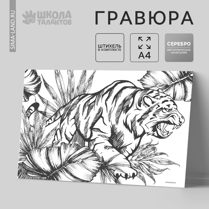 Гравюра «Тигр в джунглях» с металлическим эффектом «серебро», А4 - Фото 1