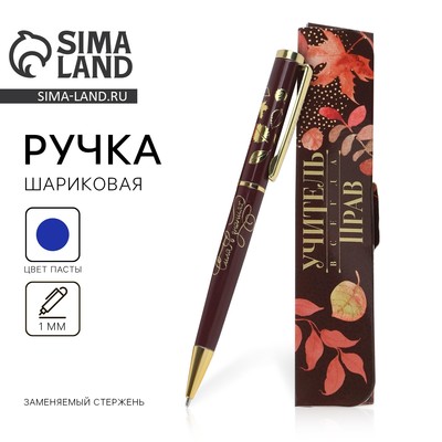 Ручка шариковая, синяя паста, 1 мм, металл, в футляре «Учитель всегда прав!»