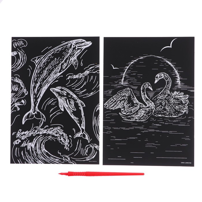 Набор гравюр «Дельфин и лебеди» с металлическим эффектом «золото», 2 шт., А5 - Фото 1