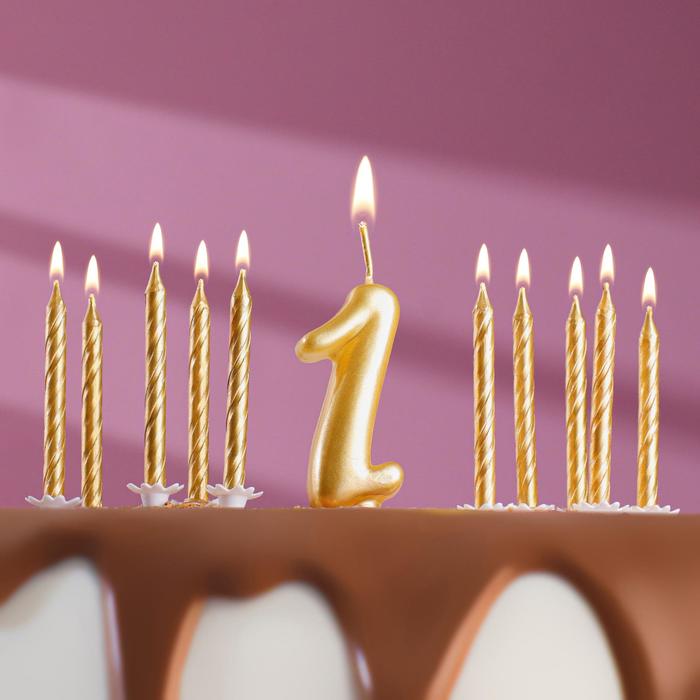 Набор свечей для торта (2 в 1) золотая Цифра "1" + Свечи "С Днём Рождения" золотые 10 шт, 7 см 71508