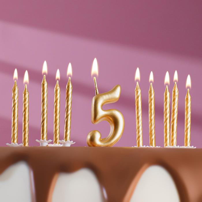 Набор свечей для торта (2 в 1) золотая Цифра "5" + Свечи "С Днём Рождения" золотые 10 шт, 7 см 71508 - Фото 1