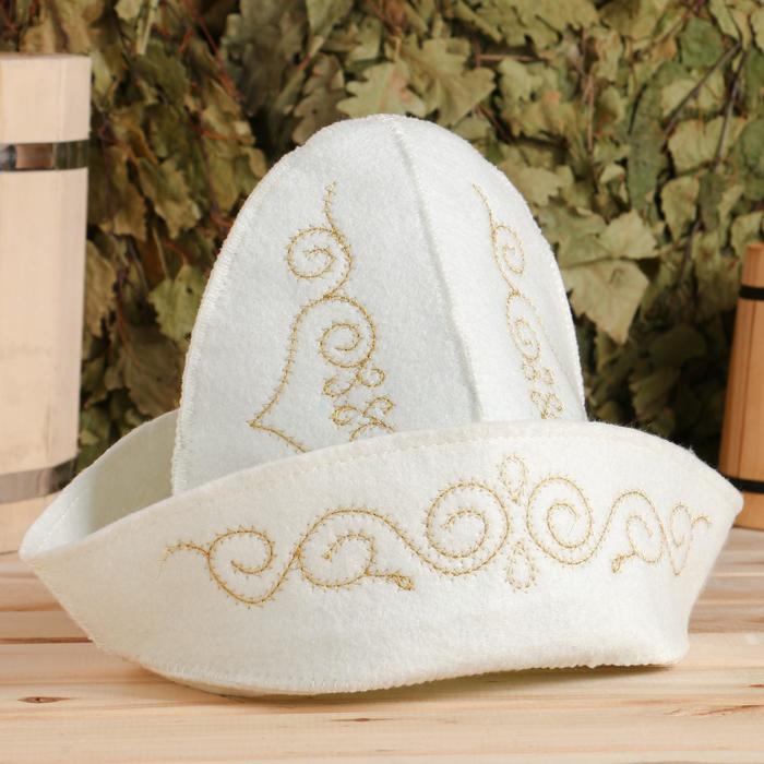 Шапка для бани с вышивкой "Казахстанский колпак мужской" с золотыми узорами - Фото 1