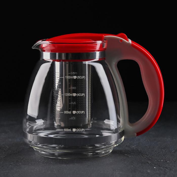 Чайник стеклянный заварочный, 1,5 л, с металлическим ситом, цвет МИКС - Фото 1