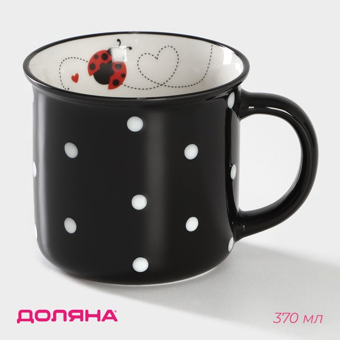 Кружка Доляна «Божья коровка», 370 мл, фарфор, чёрная - Фото 1