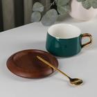 Чайная пара керамическая с ложкой «Улун», 2 предмета: чашка 280 мл, блюдце d=13 см, цвет зелёный - фото 24364999