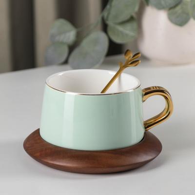 Чайная пара керамическая с ложкой «Улун», 2 предмета: чашка 280 мл, блюдце d=13 см, цвет светло-зелёный