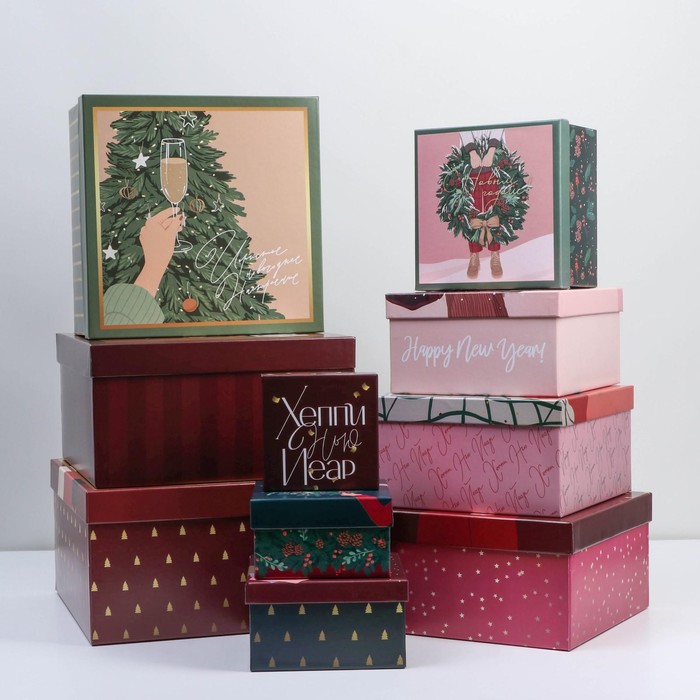 Набор подарочных коробок 10 в 1 «Happy new year», 10 × 10 × 6 ‒ 28 × 28 × 15 см